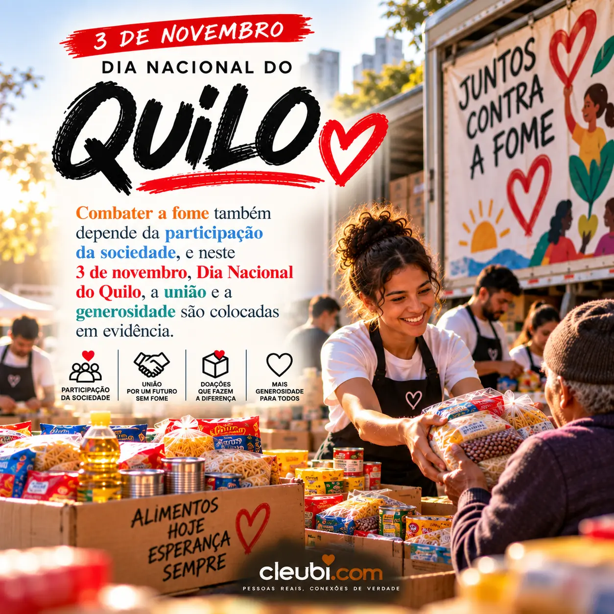 Imagem de 3 de novembro, Dia Nacional do Quilo com a mensagem: Combater a fome também depende da participação da sociedade, e neste 3 de novembro, Dia Nacional do Quilo, a união e