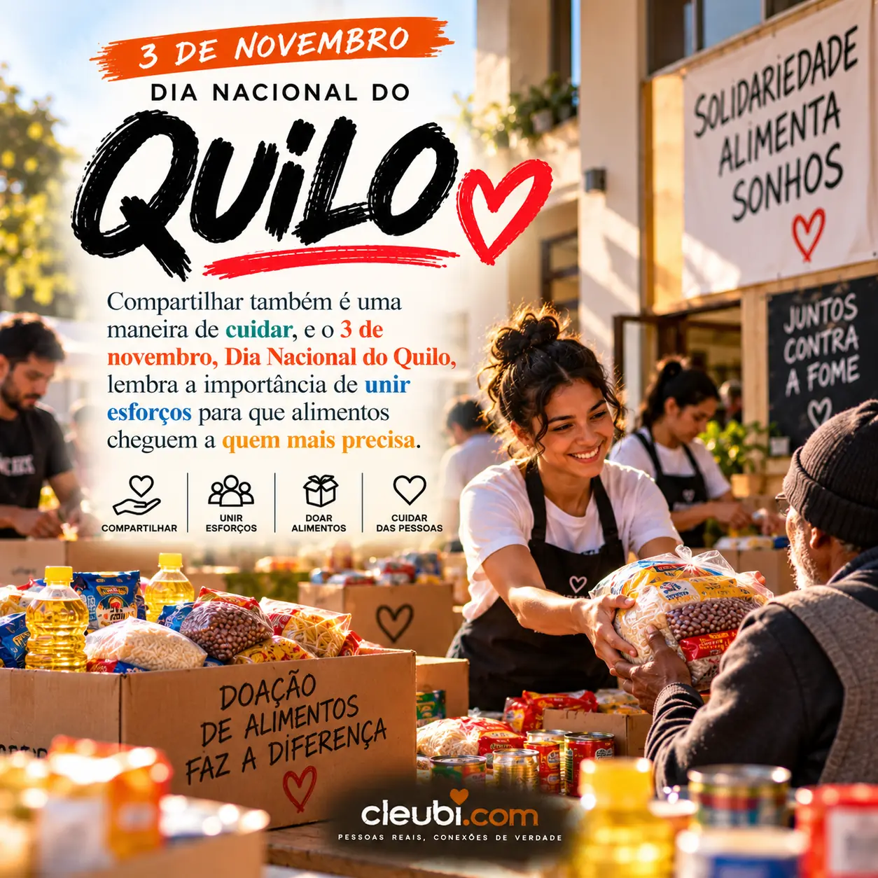 Imagem de 3 de novembro, Dia Nacional do Quilo com a mensagem: Compartilhar também é uma maneira de cuidar, e o 3 de novembro, Dia Nacional do Quilo, lembra a importância de unir e