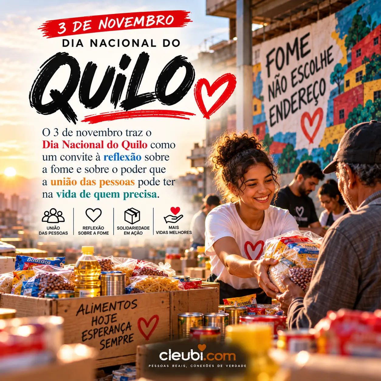Imagem de 3 de novembro, Dia Nacional do Quilo com a mensagem: O 3 de novembro traz o Dia Nacional do Quilo como um convite à reflexão sobre a fome e sobre o poder que a união das