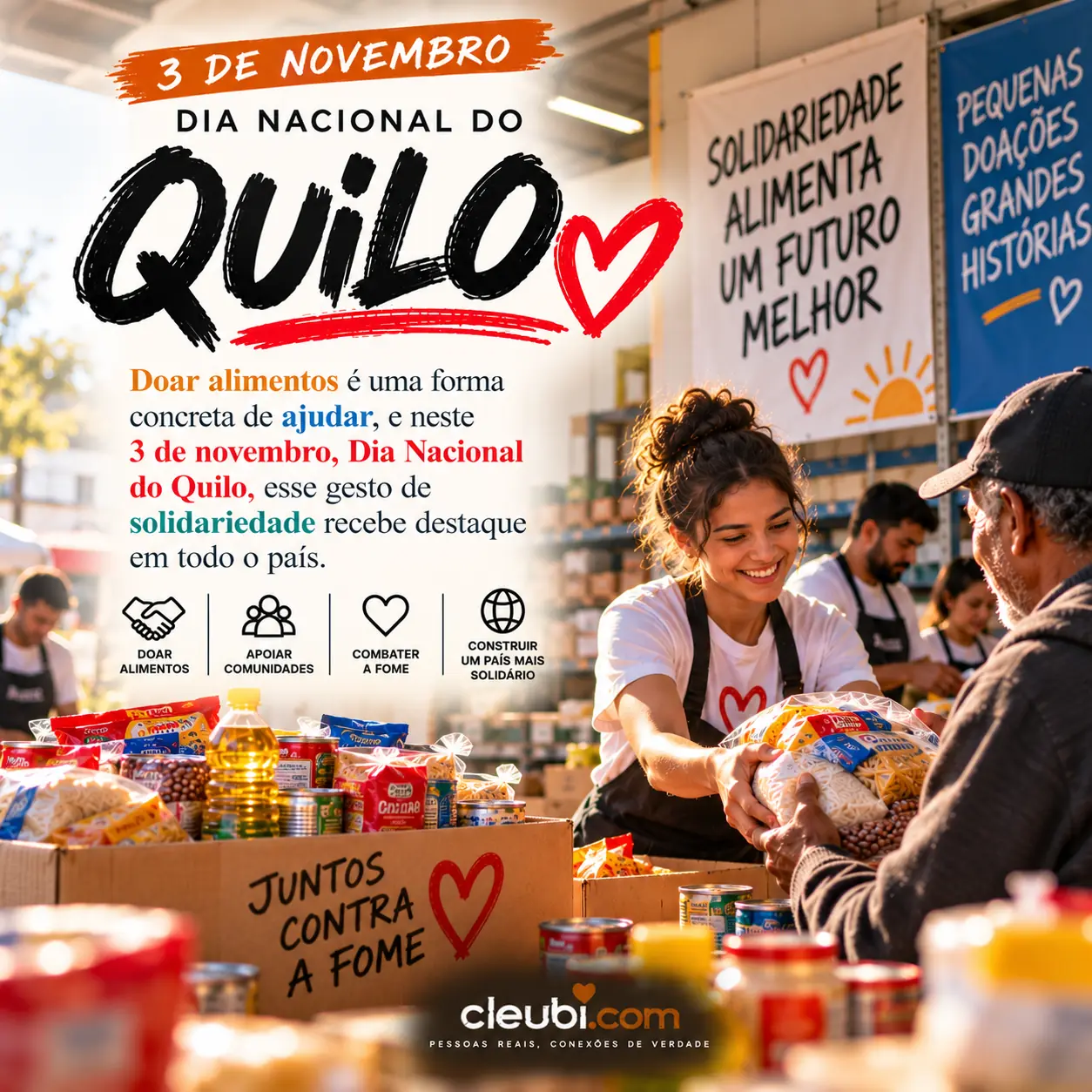 Imagem de 3 de novembro, Dia Nacional do Quilo com a mensagem: Doar alimentos é uma forma concreta de ajudar, e neste 3 de novembro, Dia Nacional do Quilo, esse gesto de solidaried