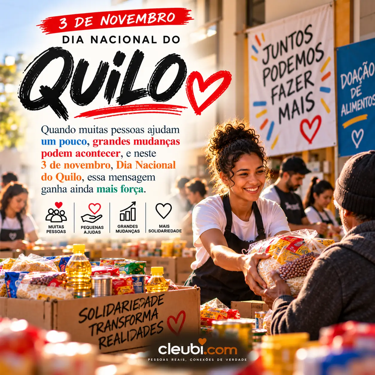 Imagem de 3 de novembro, Dia Nacional do Quilo com a mensagem: A importância de compartilhar e olhar para o próximo é lembrada neste 3 de novembro, quando o Dia Nacional do Quilo d