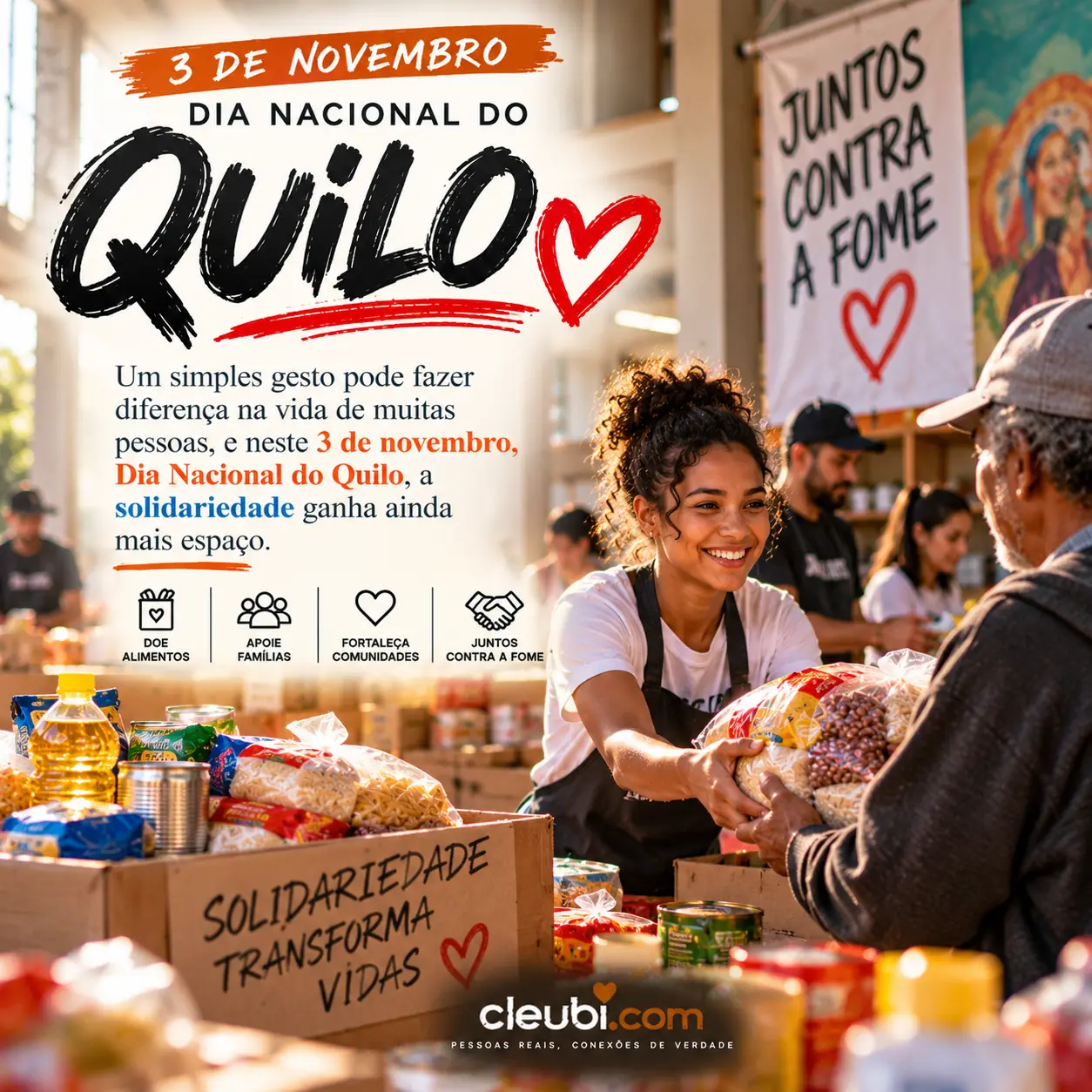 Imagem de 3 de novembro, Dia Nacional do Quilo com a mensagem: Um simples gesto pode fazer diferença na vida de muitas pessoas, e neste 3 de novembro, Dia Nacional do Quilo, a soli