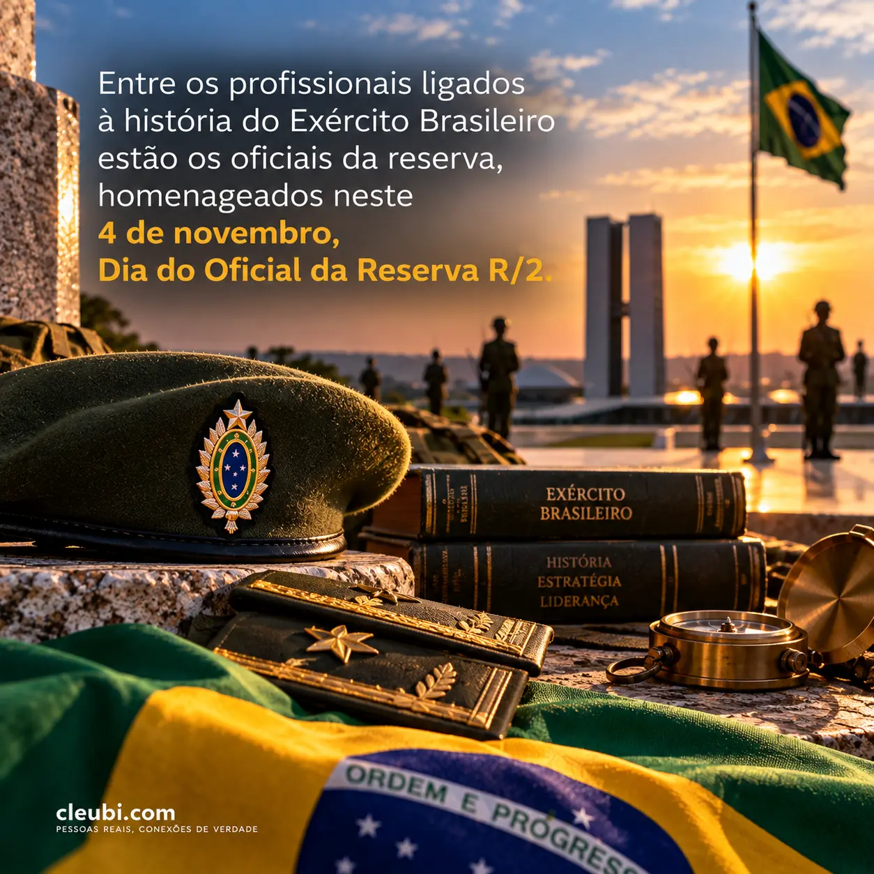 Imagem de 4 de novembro, Dia do Oficial da Reserva R/2 com a mensagem: Entre os profissionais ligados à história do Exército Brasileiro estão os oficiais da reserva, homenageados n