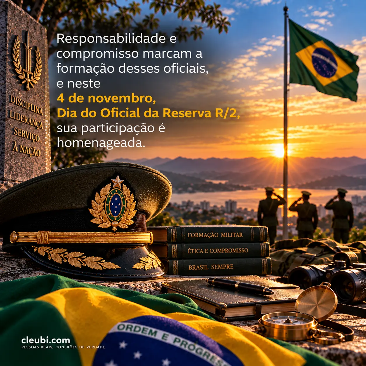Imagem de 4 de novembro, Dia do Oficial da Reserva R/2 com a mensagem: Responsabilidade e compromisso marcam a formação desses oficiais, e neste 4 de novembro, Dia do Oficial da Re