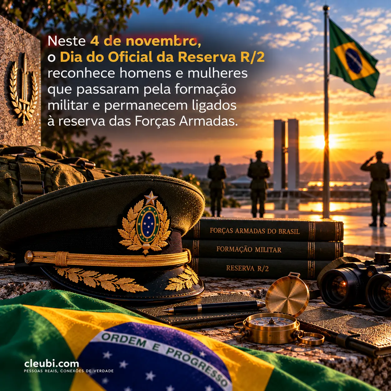 Imagem de 4 de novembro, Dia do Oficial da Reserva R/2 com a mensagem: Neste 4 de novembro, o Dia do Oficial da Reserva R/2 reconhece homens e mulheres que passaram pela formação m