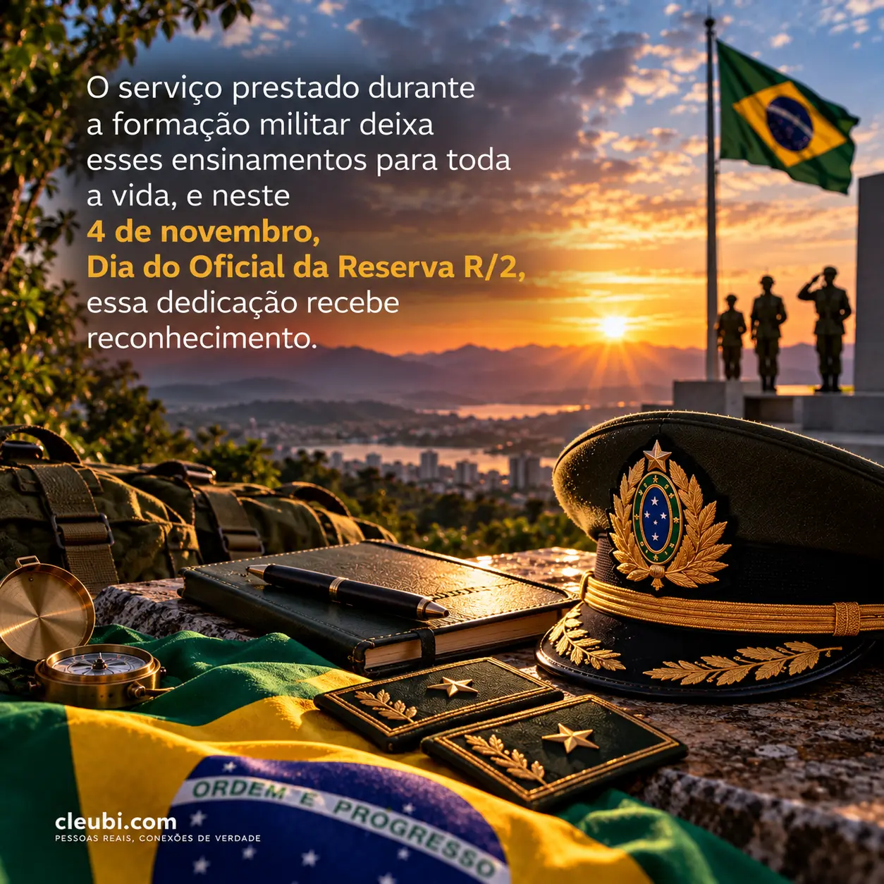 Imagem de 4 de novembro, Dia do Oficial da Reserva R/2 com a mensagem: O serviço prestado durante a formação militar deixa ensinamentos para toda a vida, e neste 4 de novembro, Dia