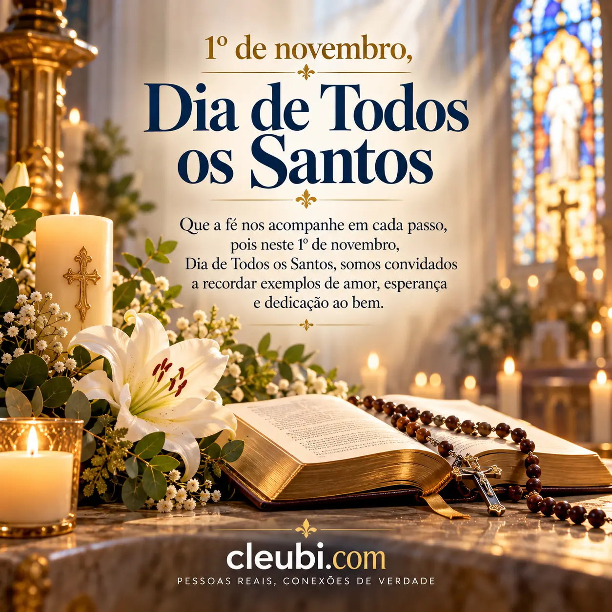 Imagem de 1º de novembro Dia de Todos os Santos com a mensagem: Que a fé nos acompanhe em cada passo, pois neste 1º de novembro, Dia de Todos os Santos, somos convidados a recordar