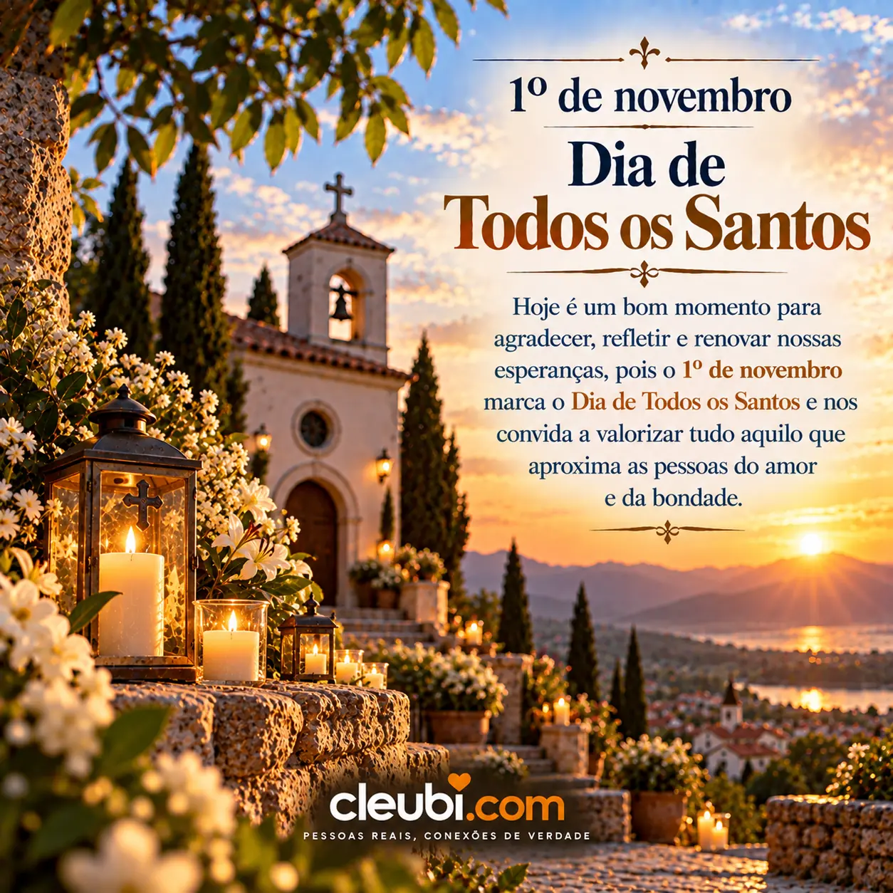 Imagem de 1º de novembro Dia de Todos os Santos com a mensagem: Hoje é um bom momento para agradecer, refletir e renovar nossas esperanças, pois o 1º de novembro marca o Dia de Tod