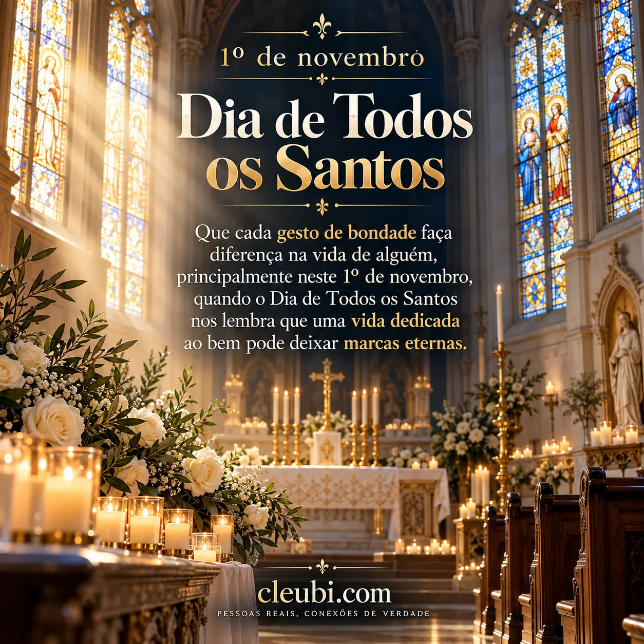 Imagem de 1º de novembro Dia de Todos os Santos com a mensagem: Que cada gesto de bondade faça diferença na vida de alguém, principalmente neste 1º de novembro, quando o Dia de Tod