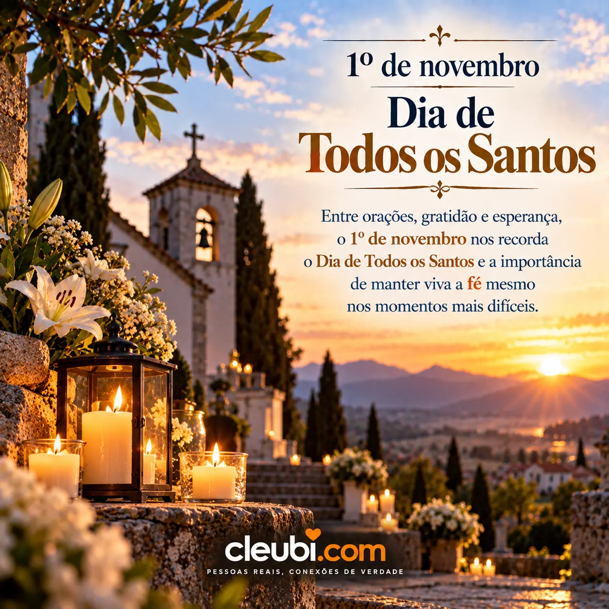 Imagem de 1º de novembro Dia de Todos os Santos com a mensagem: Entre orações, gratidão e esperança, o 1º de novembro nos recorda o Dia de Todos os Santos e a importância de manter