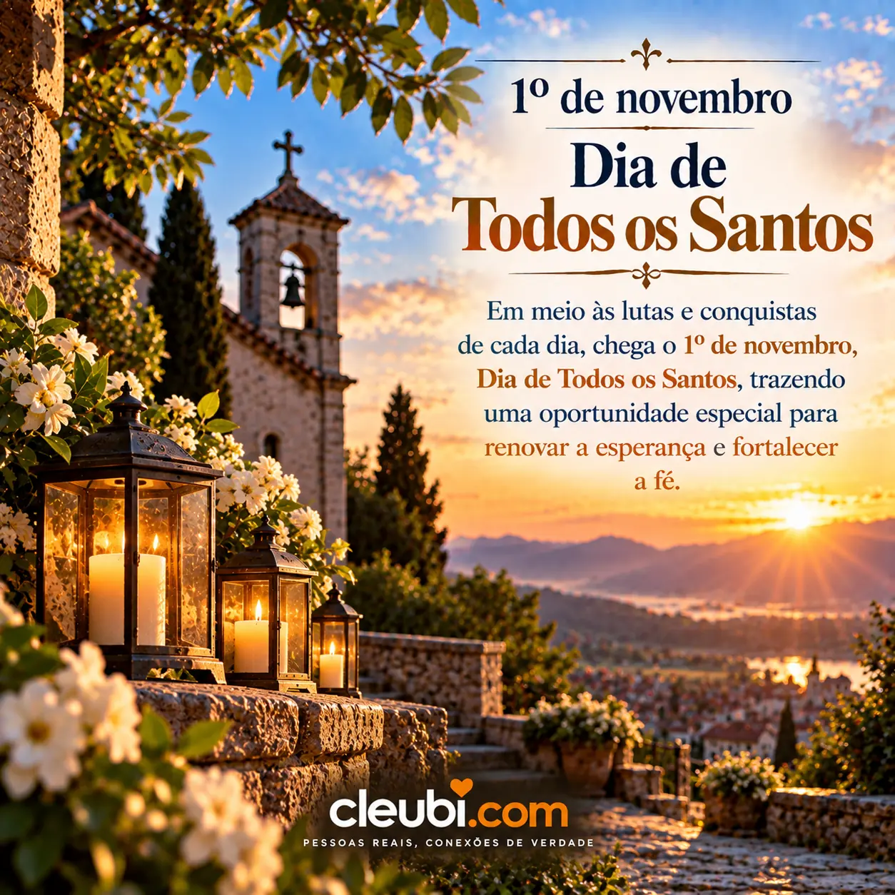 Imagem de 1º de novembro Dia de Todos os Santos com a mensagem: Em meio às lutas e conquistas de cada dia, chega o 1º de novembro, Dia de Todos os Santos, trazendo uma oportunidade