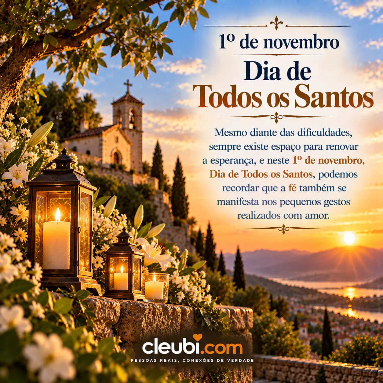 Imagem de 1º de novembro Dia de Todos os Santos com a mensagem: Mesmo diante das dificuldades, sempre existe espaço para renovar a esperança, e neste 1º de novembro, Dia de Todos o