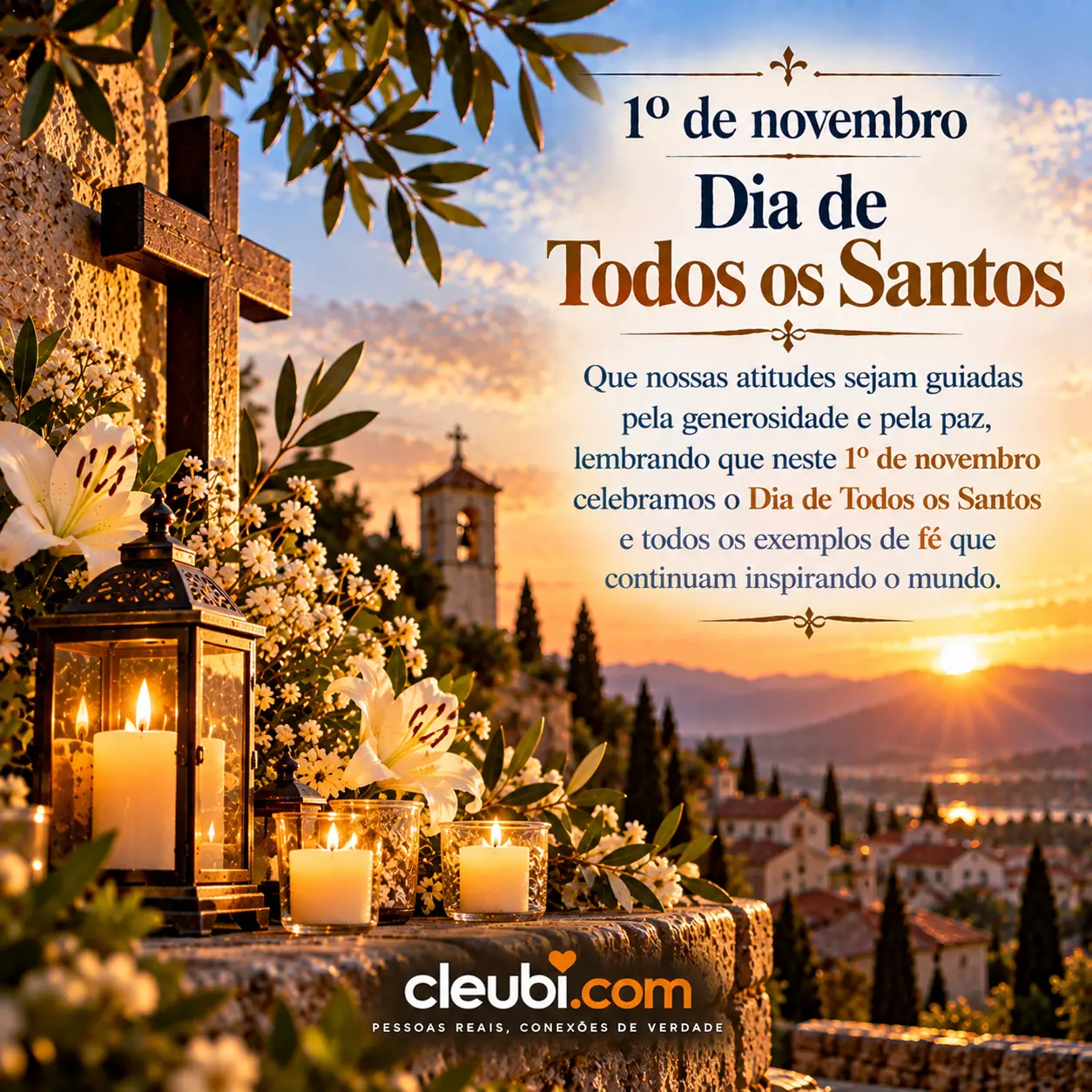 Imagem de 1º de novembro Dia de Todos os Santos com a mensagem: Que nossas atitudes sejam guiadas pela generosidade e pela paz, lembrando que neste 1º de novembro celebramos o Dia